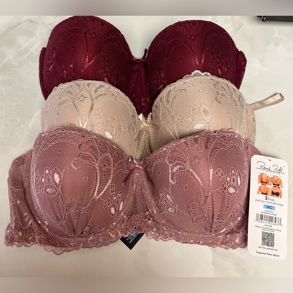 $68 Rene  Rofe Lace Underwire Bra Set - Burgundy, Cream, Mauve - Picture 7 of 9